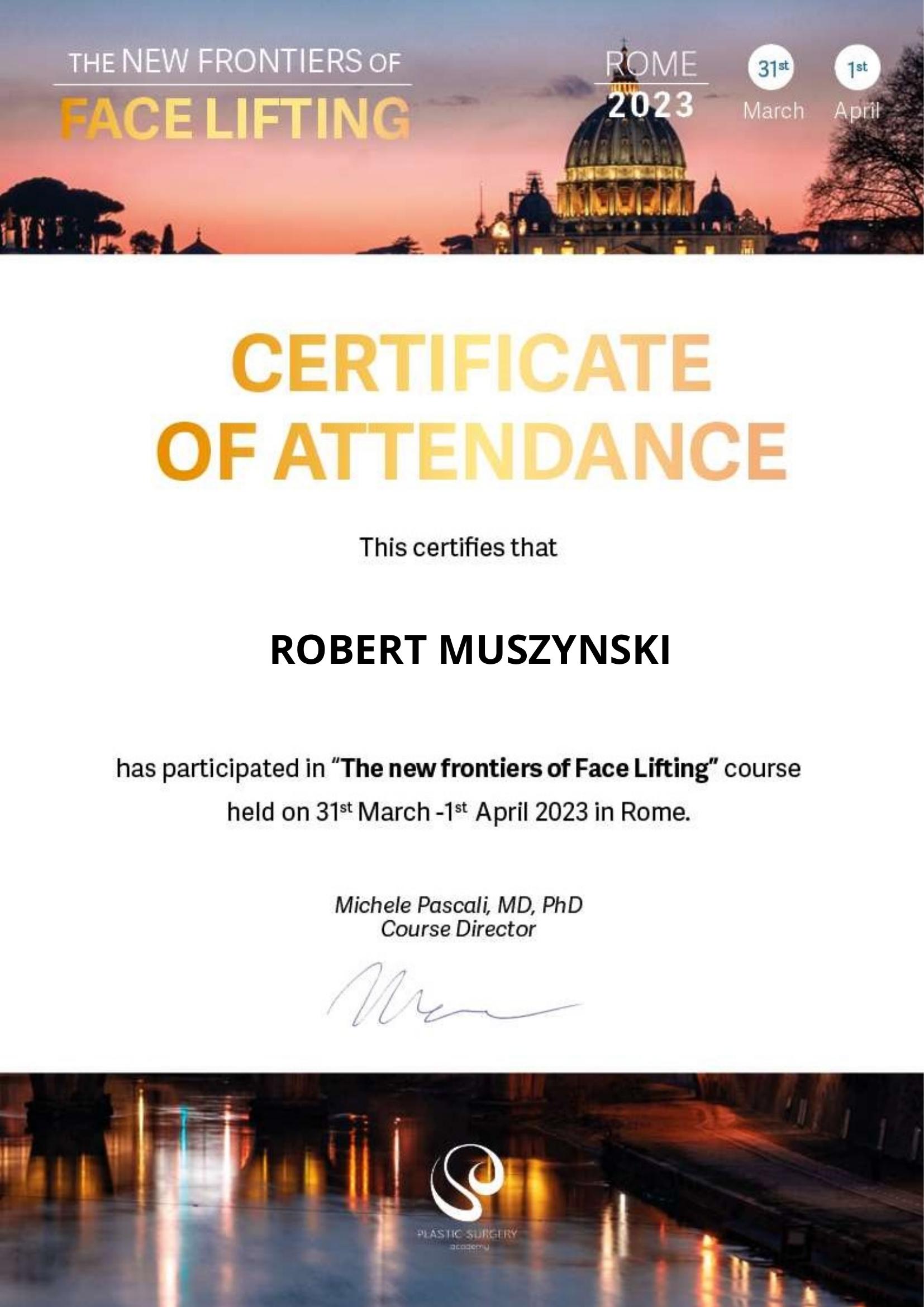 Certyfikat The New Frontiers of Face Lifting 2023